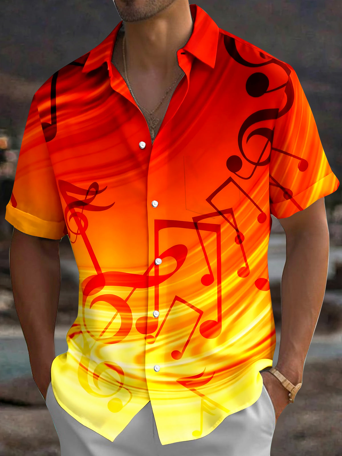 Oceanlyte Men's Graphic Musical Notes Print Short Sleeve Shirt with Chest Pocket