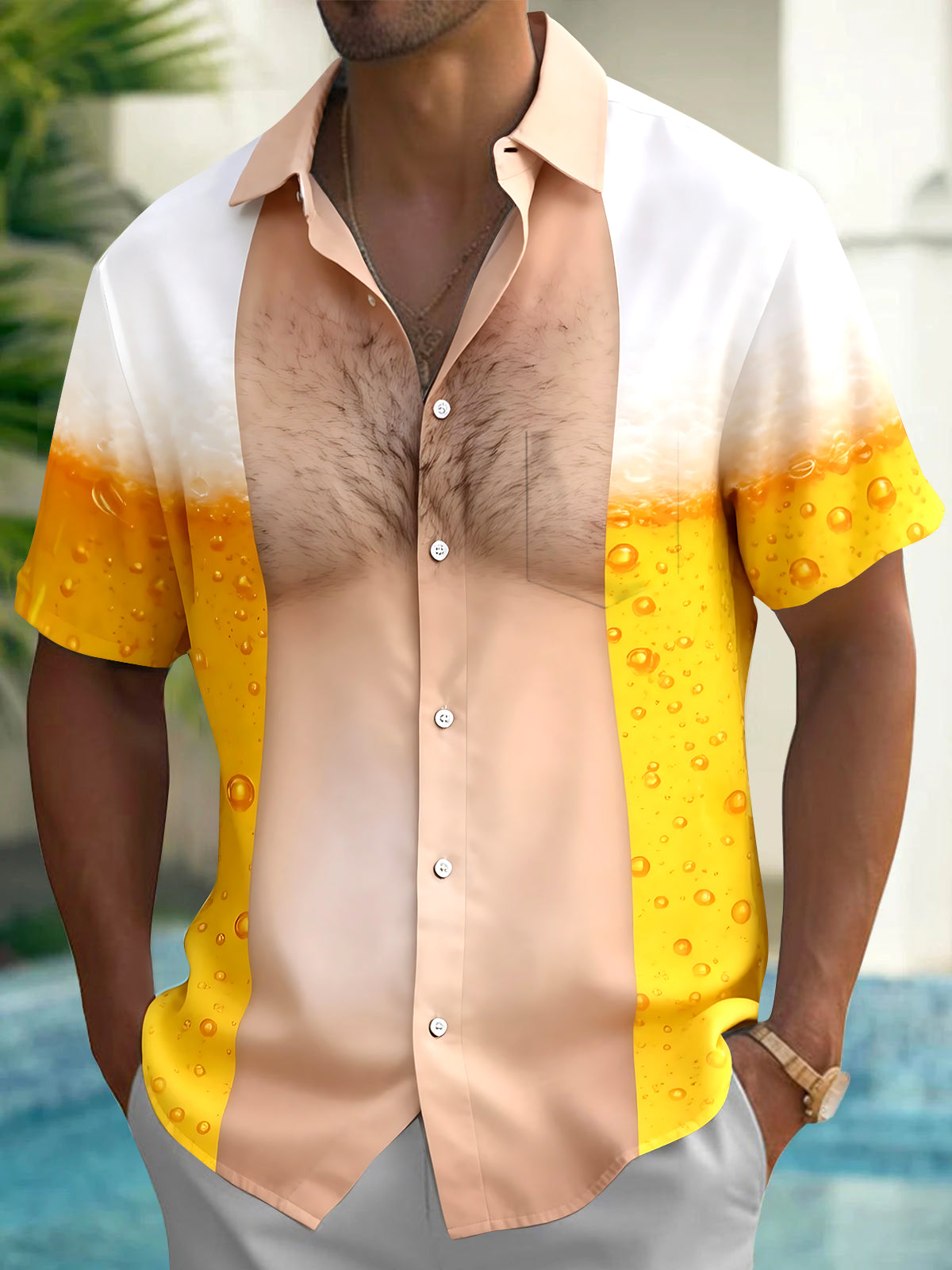 Oceanlyte Men's Graphic Beer Foam Bubbles Print Short Sleeve Shirt with Chest Pocket
