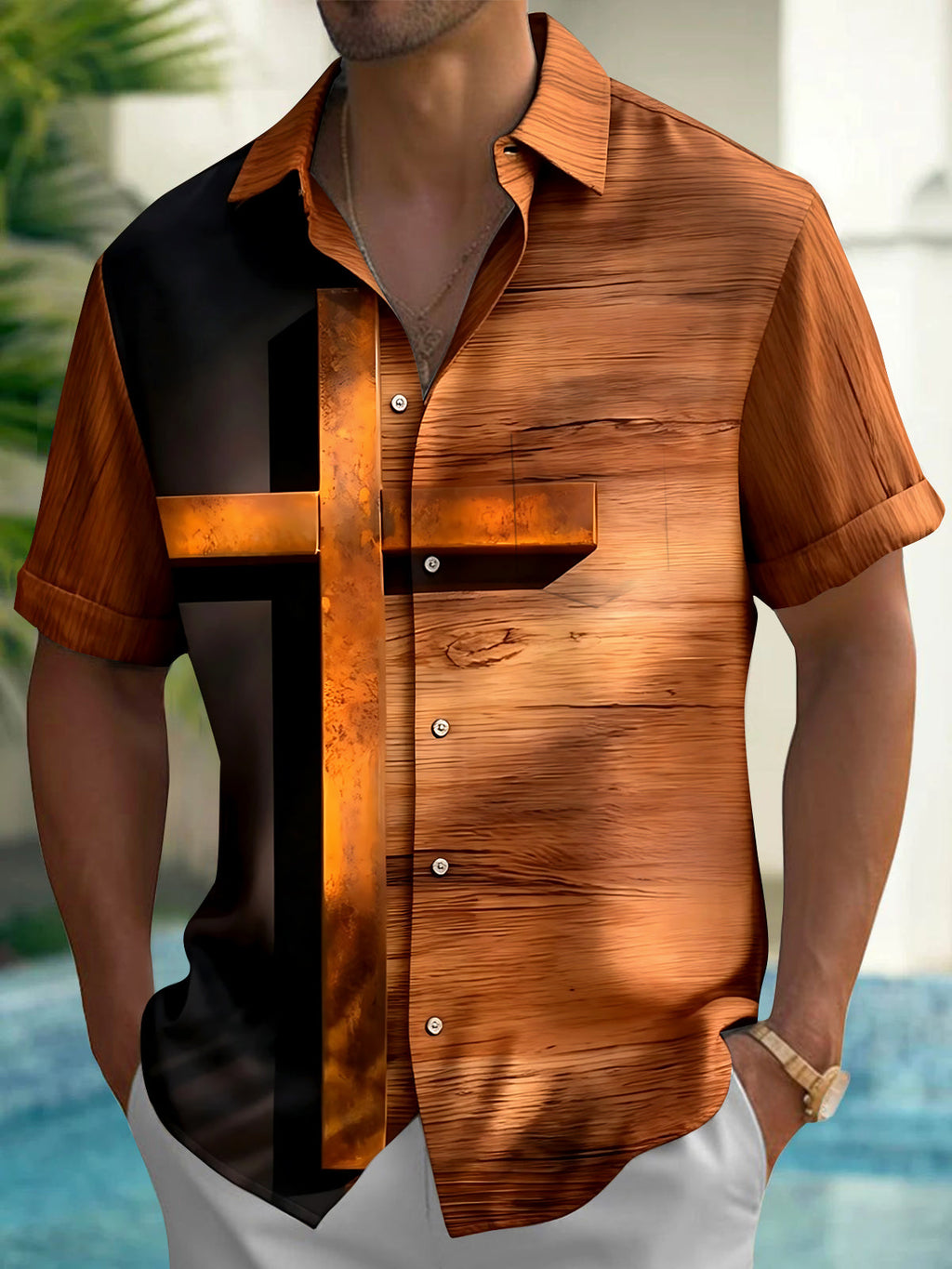 Oceanlyte Men's Vintage Style Wood Grain Texture Print Short Sleeve Shirt with Chest Pocket