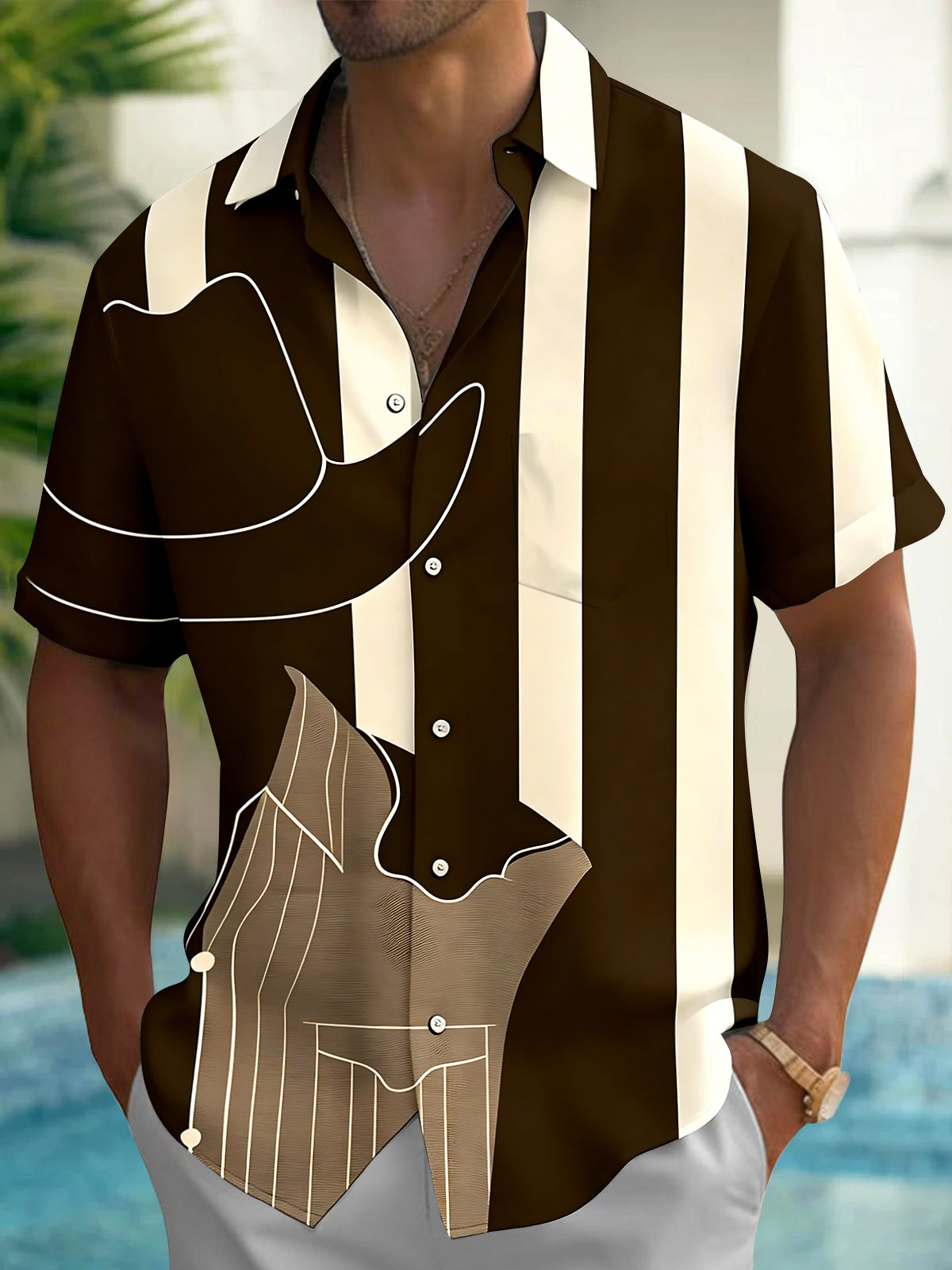Oceanlyte Men's Printed Western Cowboy Hat Print Short Sleeve Shirt with Chest Pocket