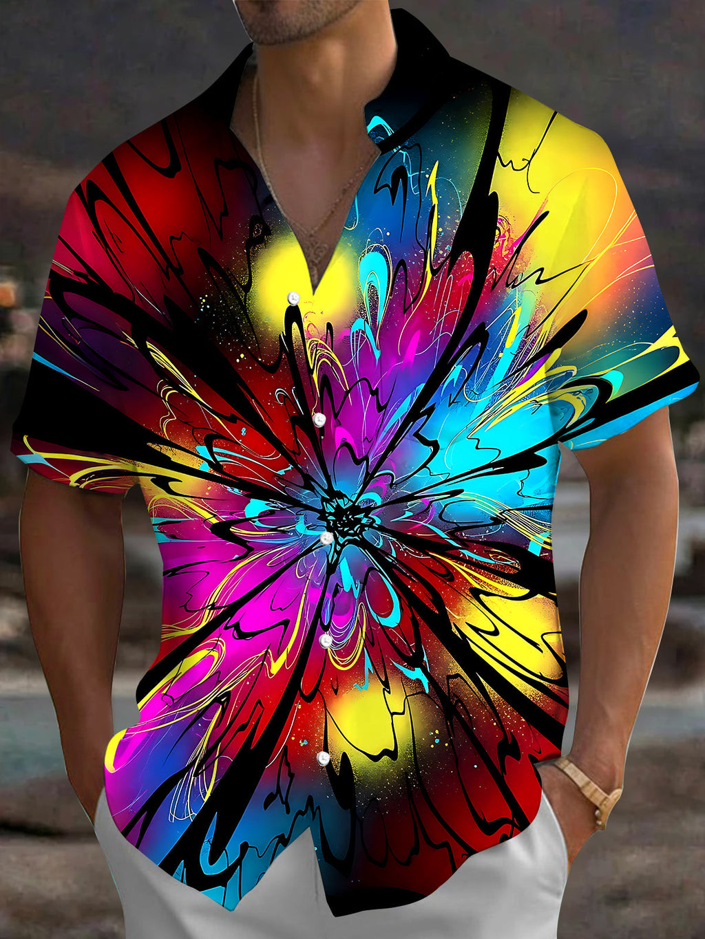 Oceanlyte Men's Tie Dye Colorful Abstract Radial Burst Print Short Sleeve Shirt with Chest Pocket