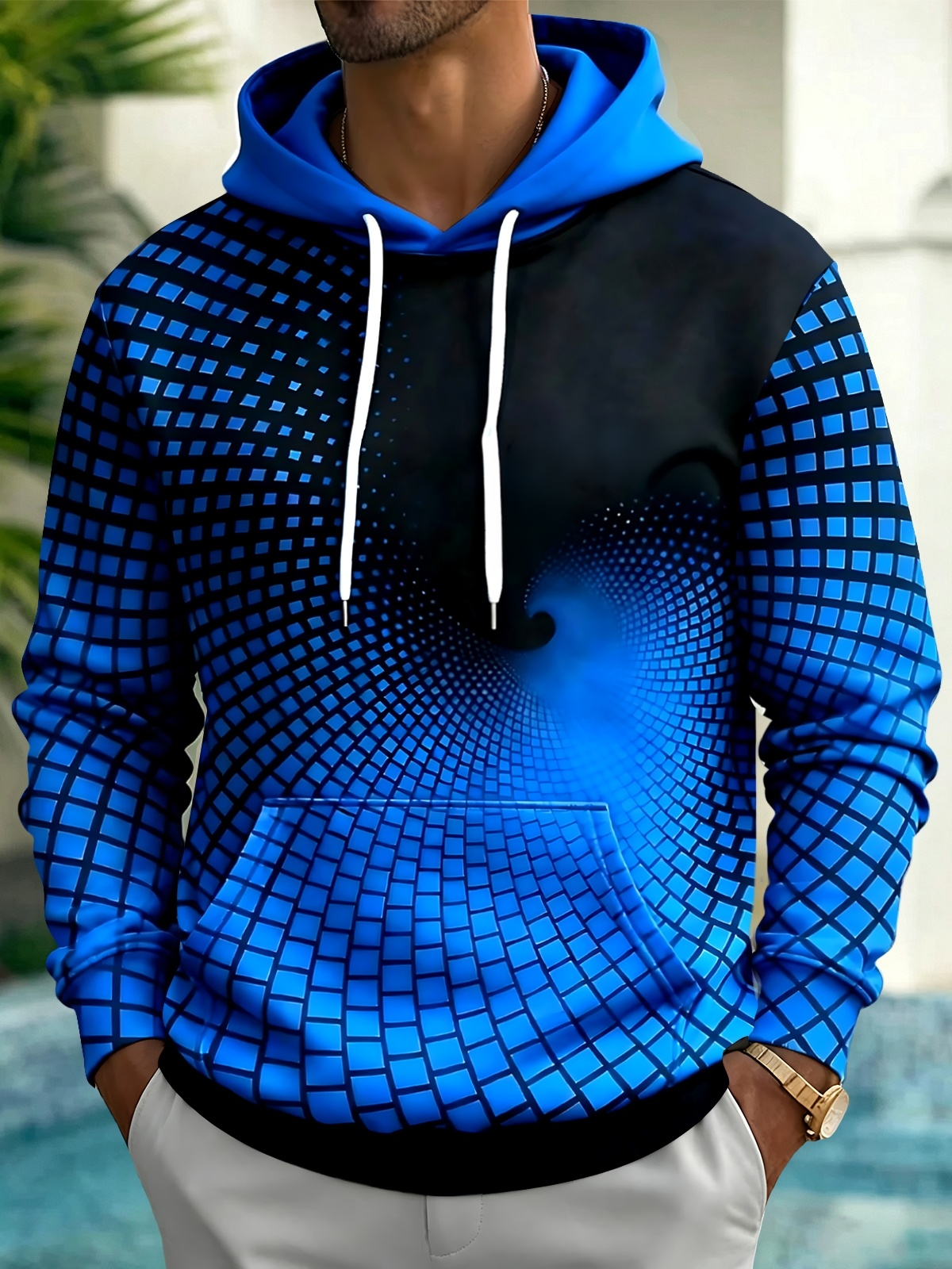 Oceanlyte Men's Printed Geometric Grid Pattern Long Sleeve Hoodie with Chest Pocket