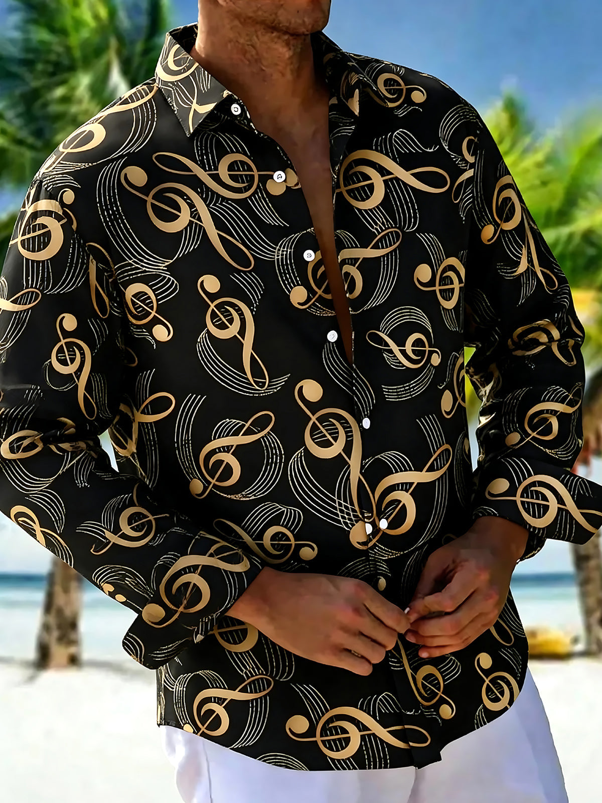 Oceanlyte Men's Printed Musical Notes Pattern Long Sleeve Shirt with Chest Pocket