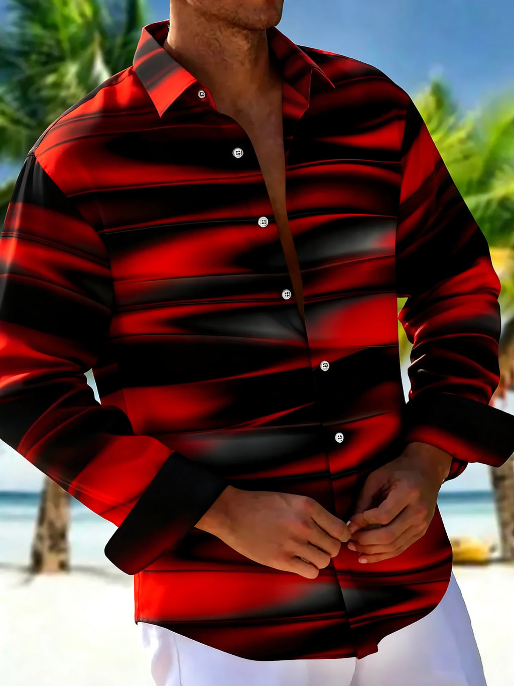 Oceanlyte Men's Striped Abstract Gradient Stripes Print Long Sleeve Shirt with Chest Pocket