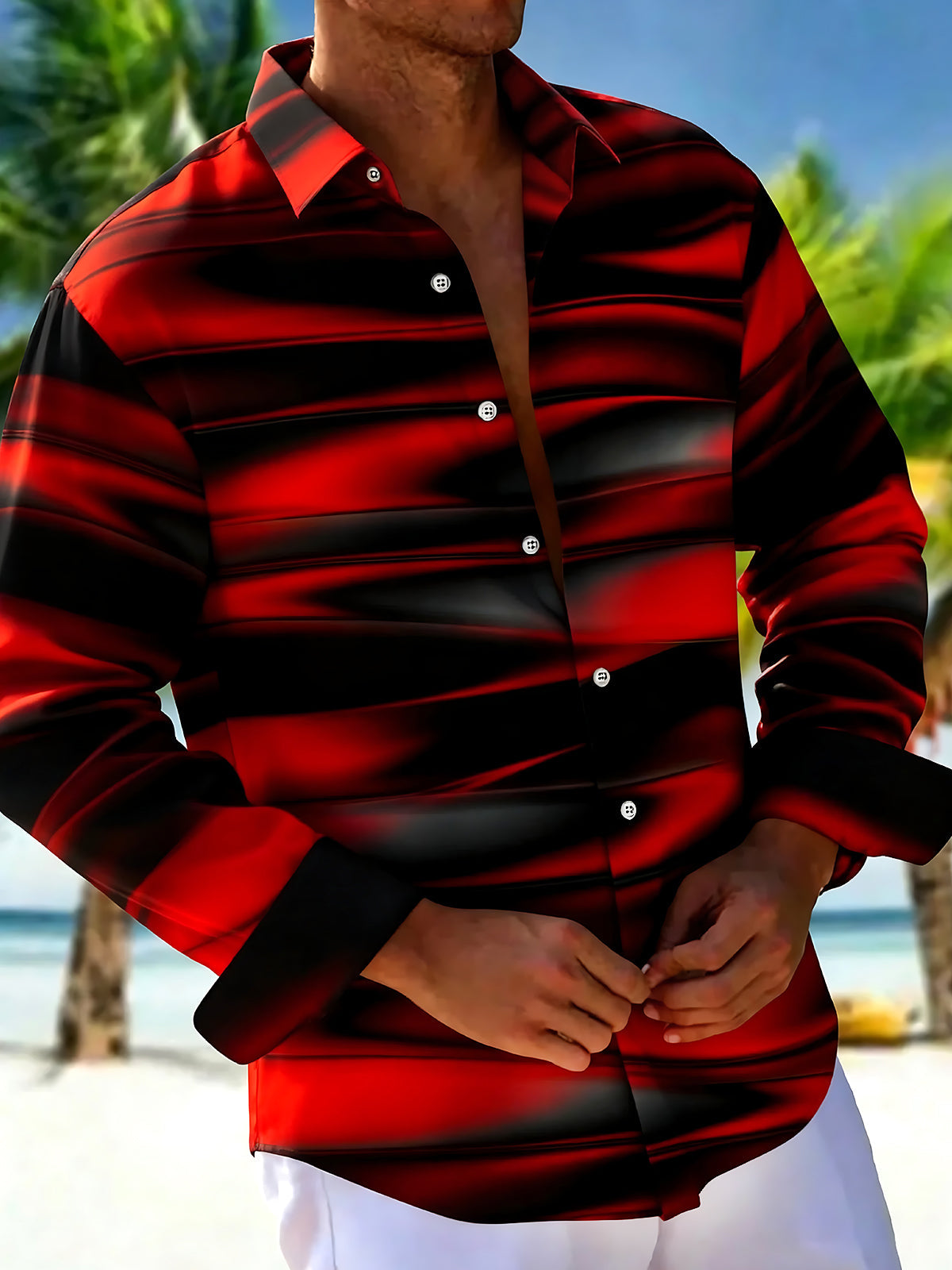 Oceanlyte Men's Striped Abstract Gradient Stripes Print Long Sleeve Shirt with Chest Pocket