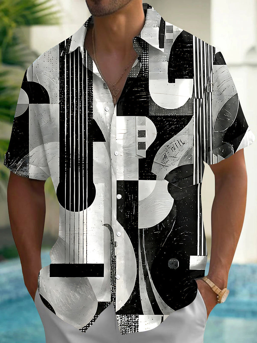Oceanlyte Men's Graphic Abstract Guitar Print Short Sleeve Shirt with Chest Pocket