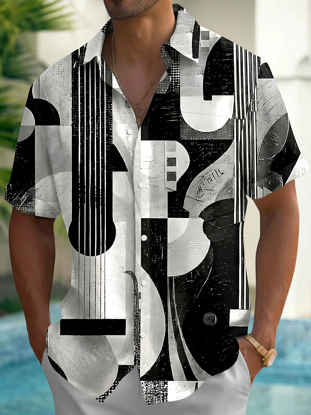 Oceanlyte Men's Graphic Abstract Guitar Print Short Sleeve Shirt with Chest Pocket
