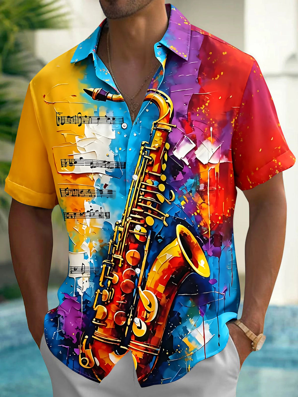 Oceanlyte Men's Graphic Saxophone Print Musical Notes Print Short Sleeve Shirt with Chest Pocket