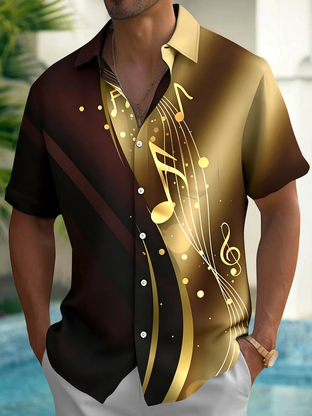 Oceanlyte Men's Graphic Musical Notes Print Short Sleeve Shirt with Chest Pocket