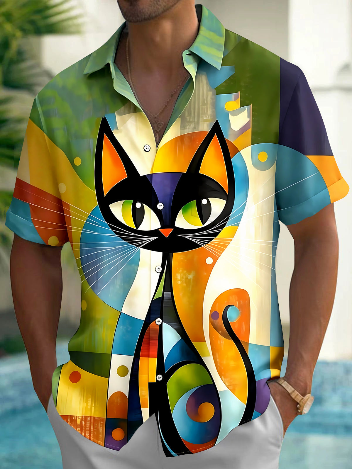 Oceanlyte Men's Graphic Abstract Cat Portrait Print Short Sleeve Shirt with Chest Pocket