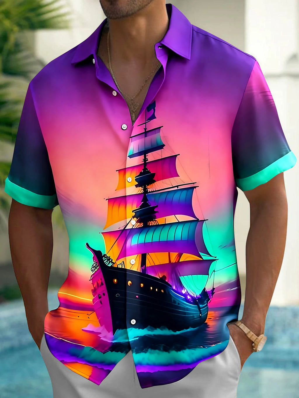 Oceanlyte Men's Hawaiian Sailing Ship Print Short Sleeve Shirt with Chest Pocket