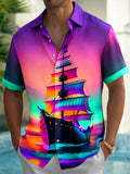 Oceanlyte Men's Hawaiian Sailing Ship Print Short Sleeve Shirt with Chest Pocket