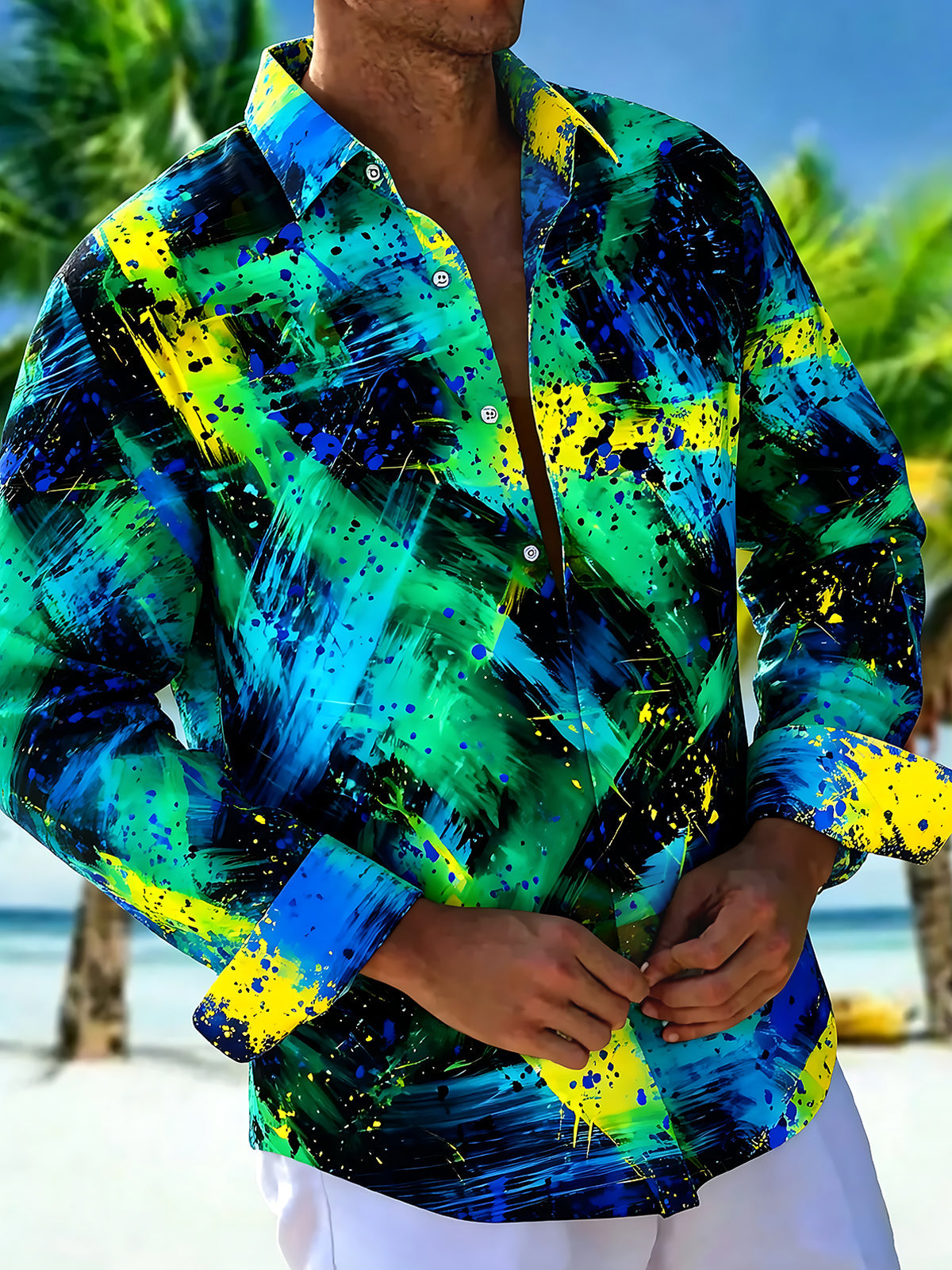 Oceanlyte Men's Tie Dye Abstract Paint Splatter Print Long Sleeve Shirt with Chest Pocket