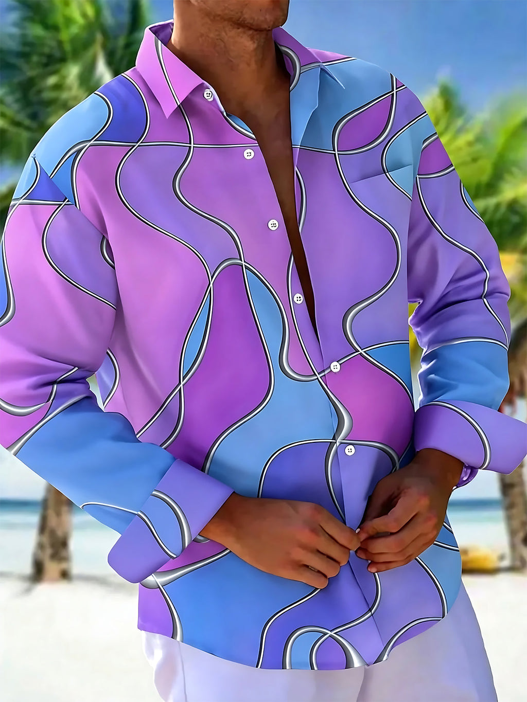 Oceanlyte Men's Patterned Abstract Wavy Lines Print Long Sleeve Shirt with Chest Pocket