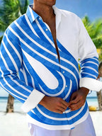 Oceanlyte Men's Striped Blue And White Curved Stripes Print Long Sleeve Shirt with Chest Pocket