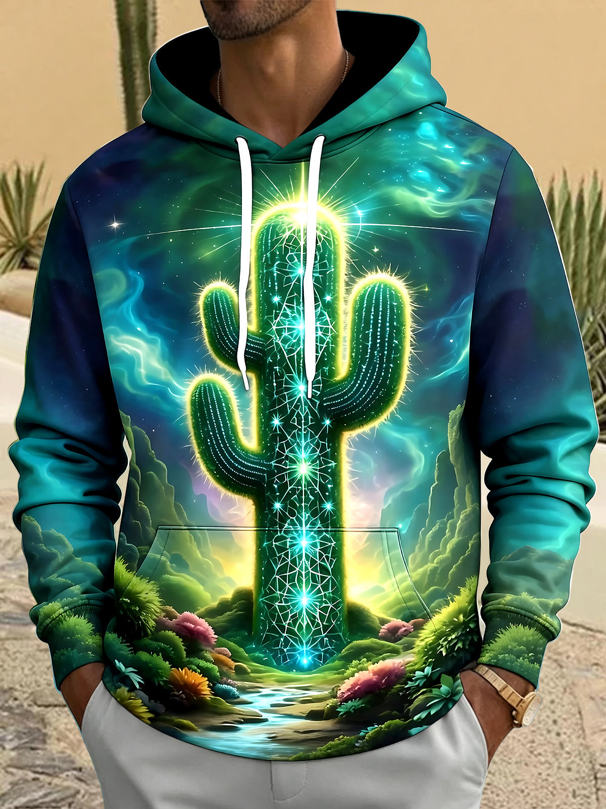 Oceanlyte Men's Printed Neon Cactus Print Long Sleeve Hoodie with Chest Pocket