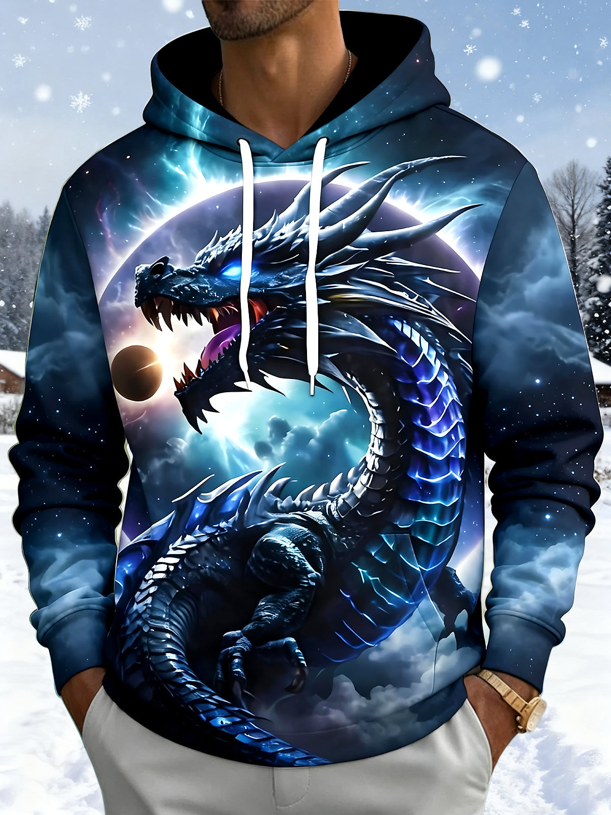 Oceanlyte Men's 3D Cosmic Background Print Space Print Long Sleeve Hoodie with Chest Pocket