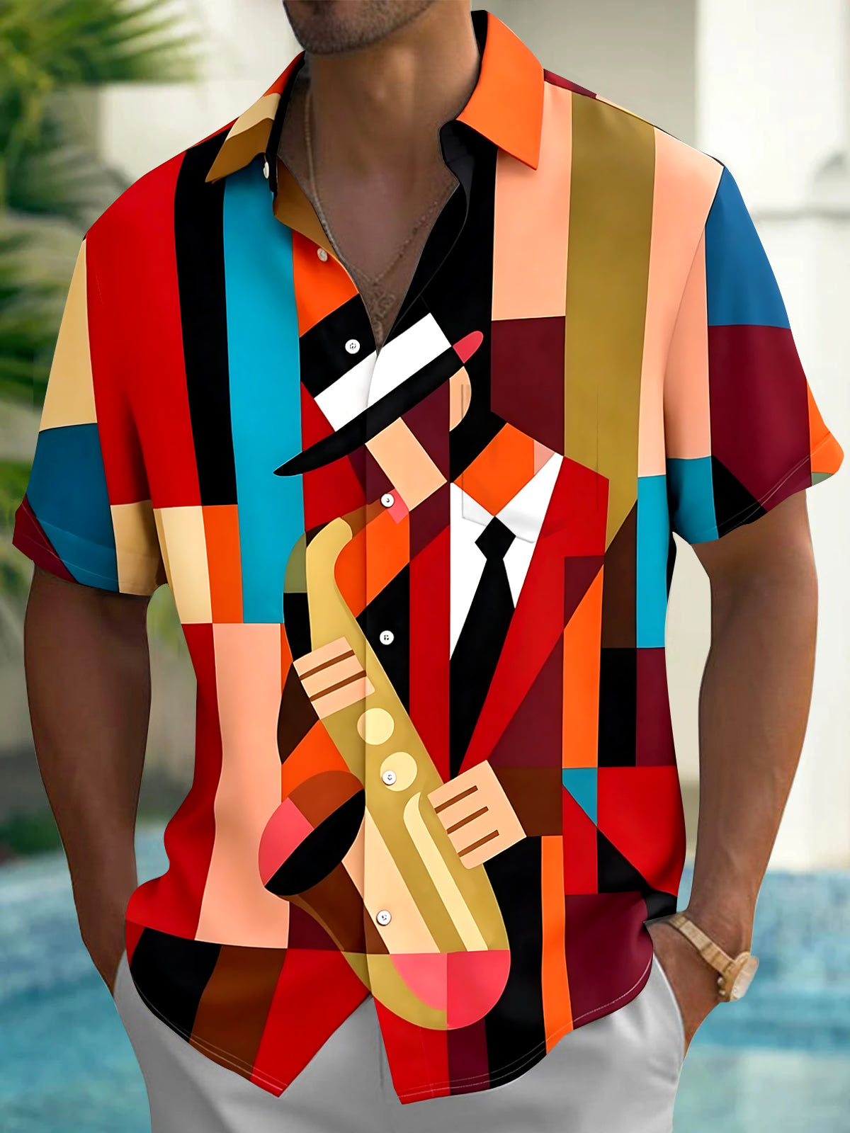 Oceanlyte Men's Graphic Geometric Saxophone Player Print Short Sleeve Shirt with Chest Pocket