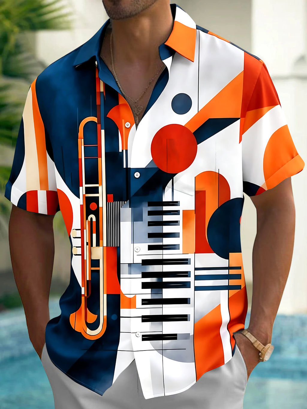 Oceanlyte Men's Graphic Geometric Music Instruments Print Short Sleeve Shirt with Chest Pocket
