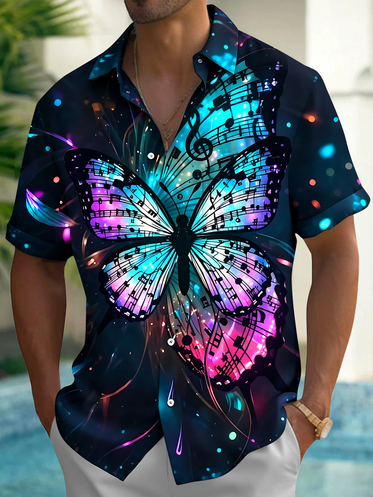 Oceanlyte Men's Graphic Butterfly Print Musical Notes Print Short Sleeve Shirt with Chest Pocket