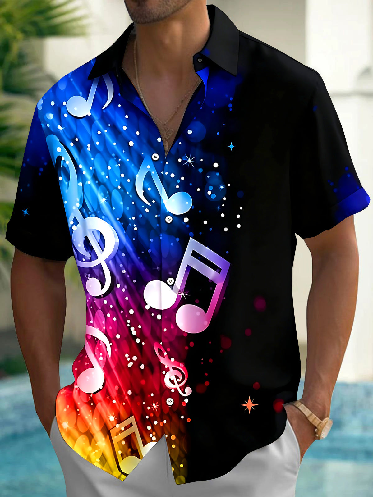 Oceanlyte Men's Graphic Colorful Musical Notes Print Short Sleeve Shirt with Chest Pocket