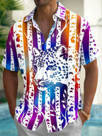 Oceanlyte Men's Hawaiian Cheetah Portrait Print Short Sleeve Shirt with Chest Pocket
