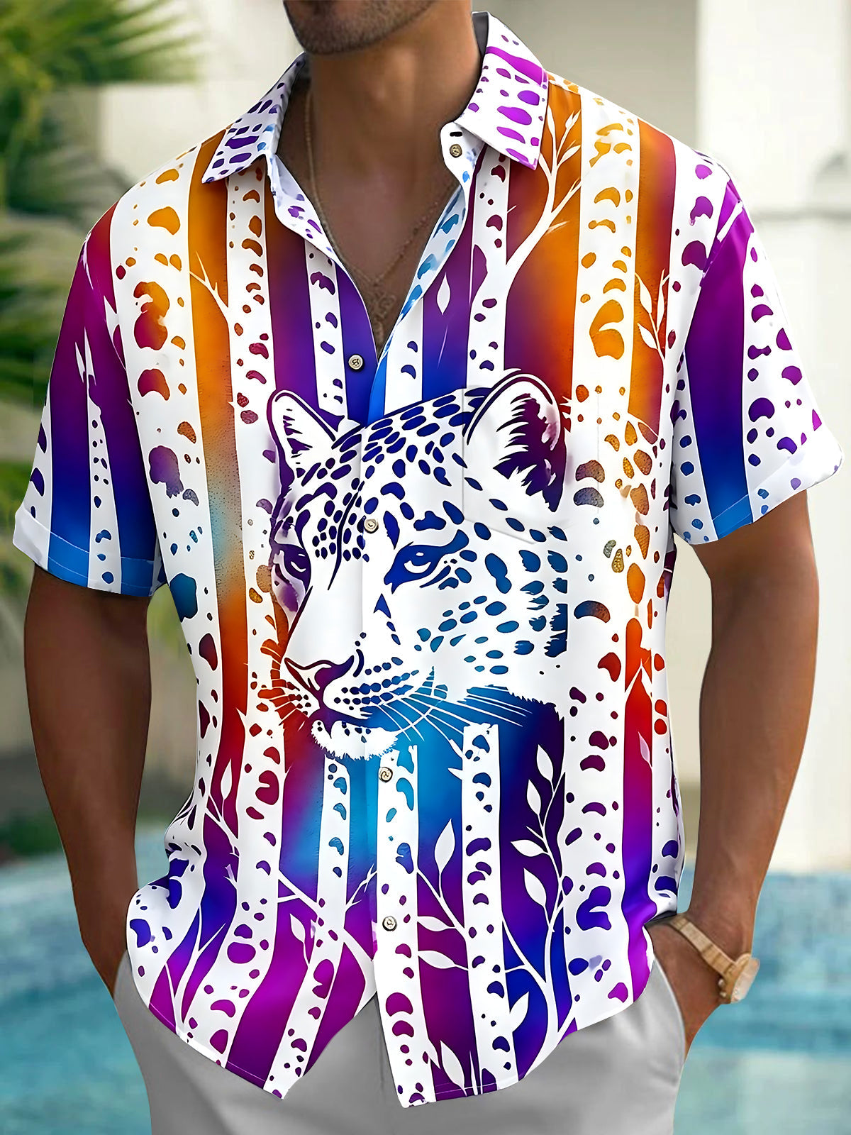 Oceanlyte Men's Hawaiian Cheetah Portrait Print Short Sleeve Shirt with Chest Pocket