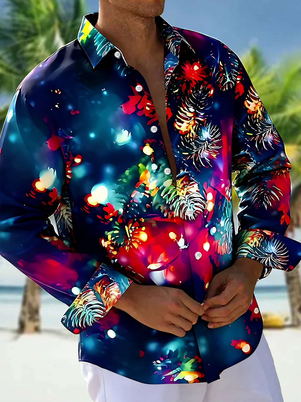 Oceanlyte Men's Hawaiian Fireworks Pattern Neon Floral Print Long Sleeve Shirt with Chest Pocket
