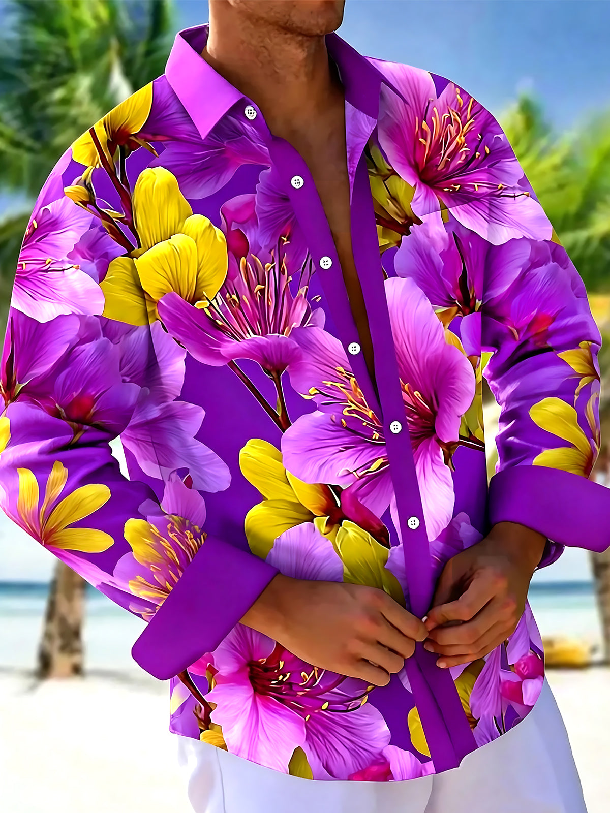 Oceanlyte Men's Hawaiian Purple Floral Print Long Sleeve Shirt with Chest Pocket
