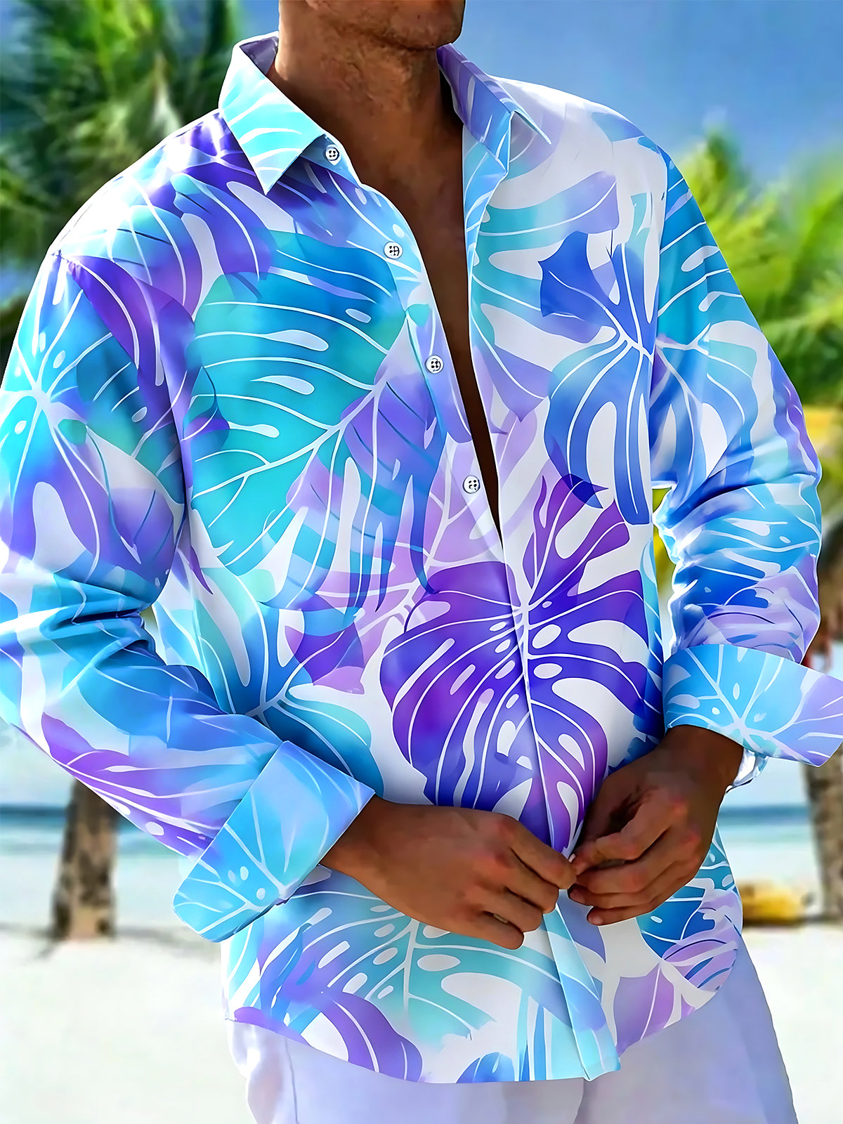Oceanlyte Men's Hawaiian Tropical Leaf Print Long Sleeve Shirt with Chest Pocket
