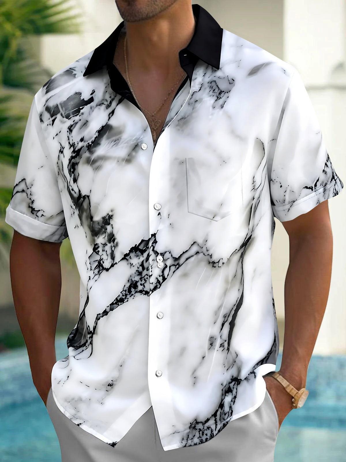 Oceanlyte Men's Printed Marble Print Short Sleeve Shirt with Chest Pocket