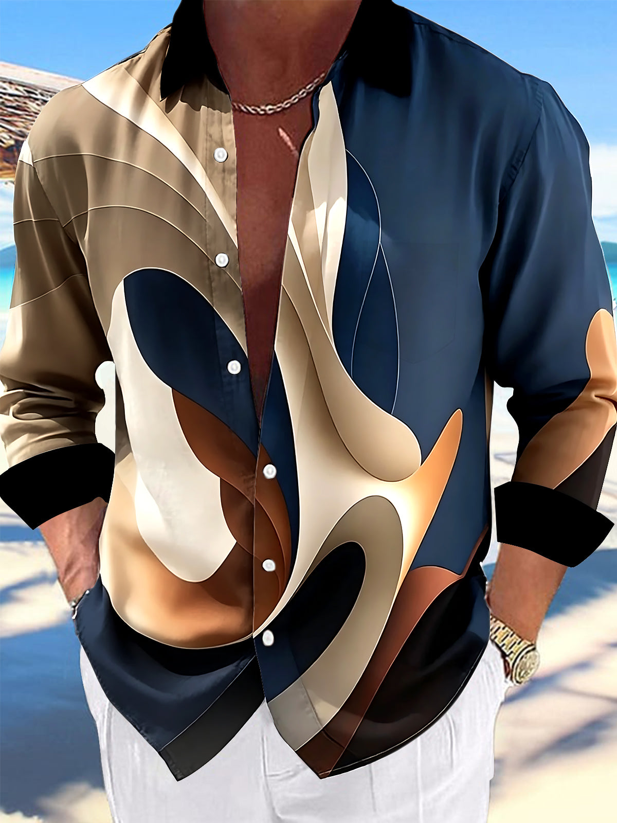 Oceanlyte Men's Printed Abstract Curved Shapes Print Long Sleeve Shirt with Chest Pocket