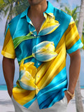 Oceanlyte Men's Hawaiian Yellow And Blue Floral Print Short Sleeve Shirt with Chest Pocket