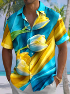 Oceanlyte Men's Hawaiian Yellow And Blue Floral Print Short Sleeve Shirt with Chest Pocket
