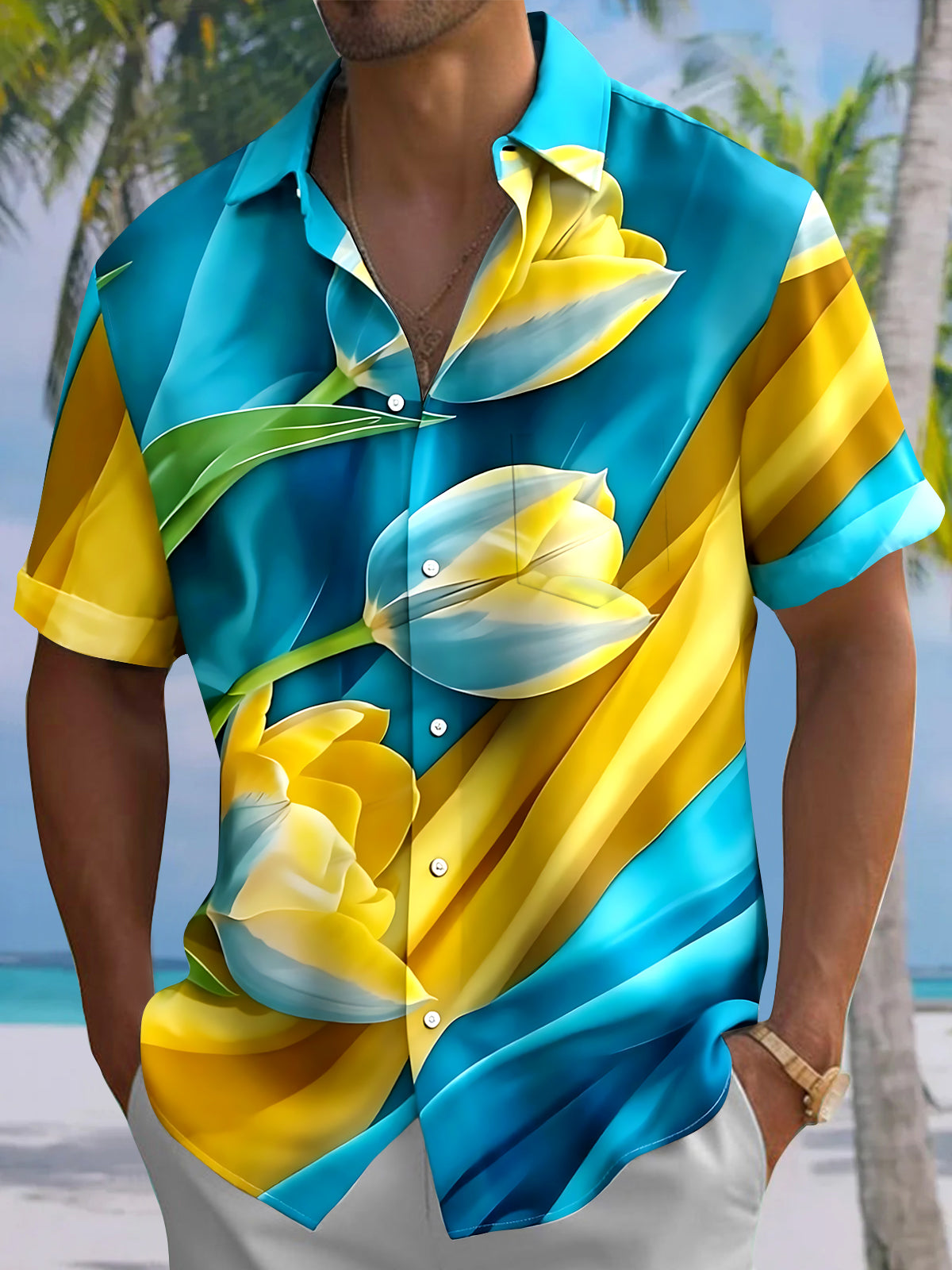 Oceanlyte Men's Hawaiian Yellow And Blue Floral Print Short Sleeve Shirt with Chest Pocket