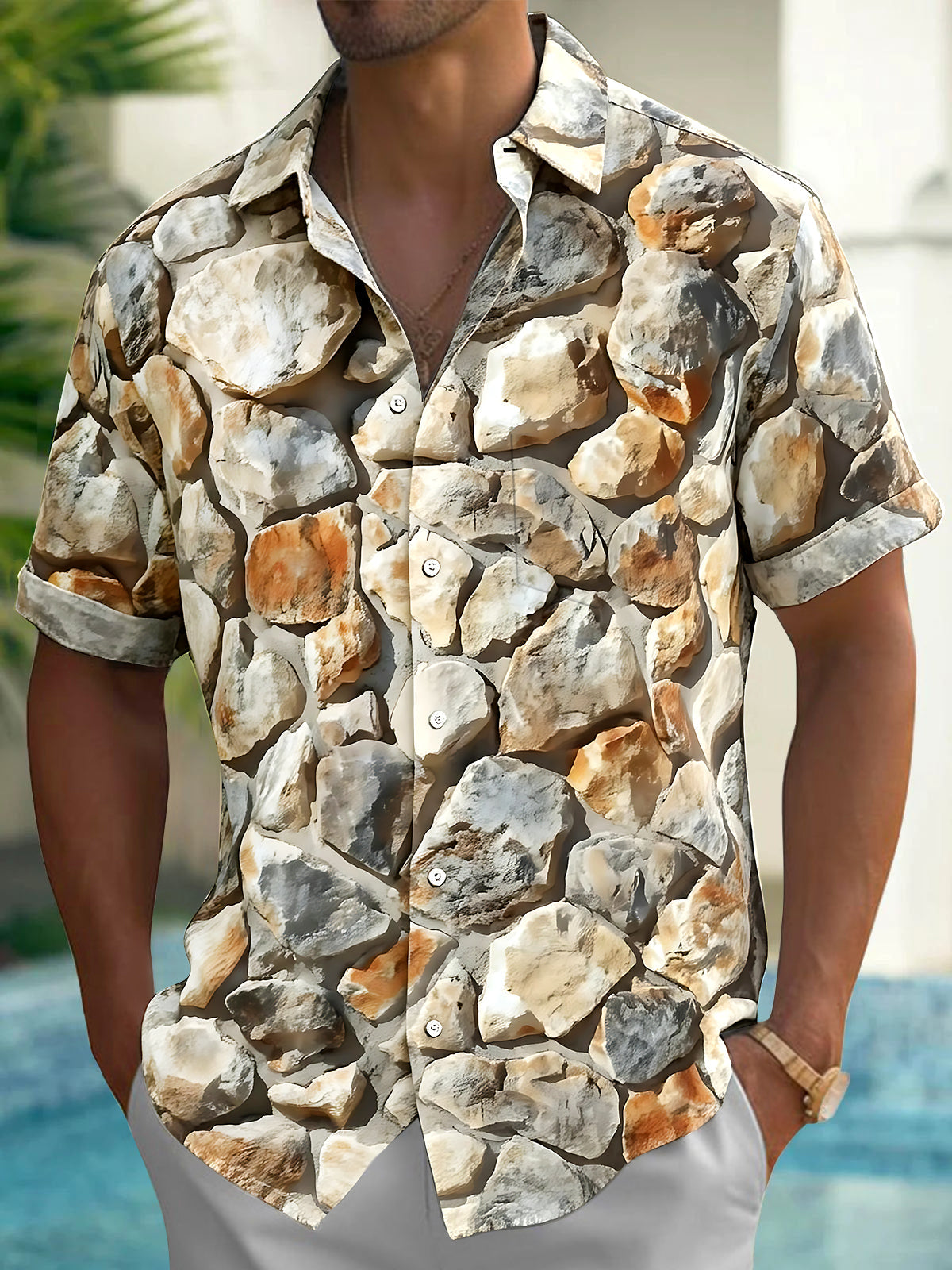 Oceanlyte Men's Vintage Style Stone Pattern Short Sleeve Shirt with Chest Pocket