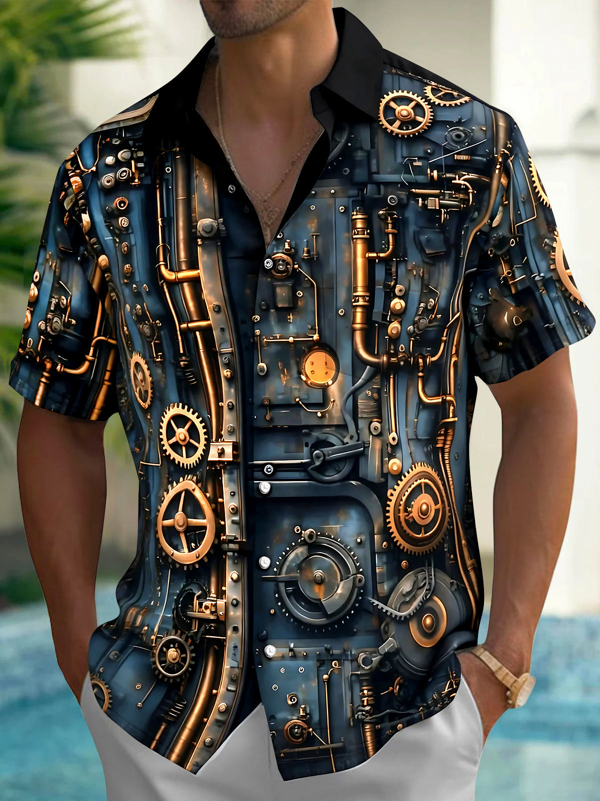 Oceanlyte Men's Printed Steampunk Gears Print Short Sleeve Shirt with Chest Pocket