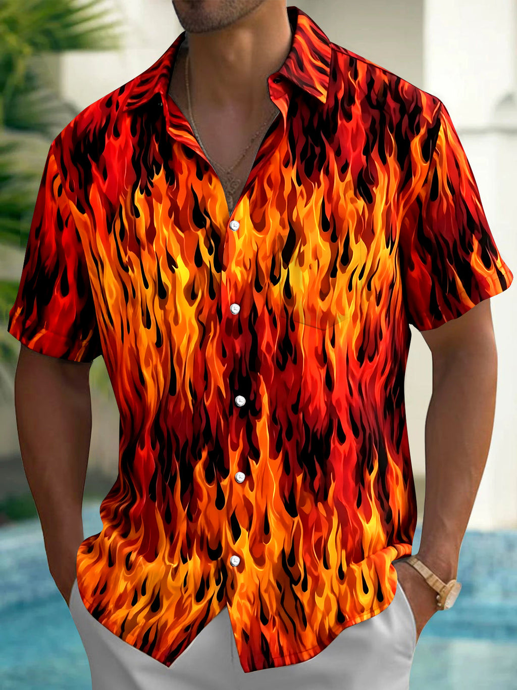 Oceanlyte Men's Hawaiian Fire Pattern Flames Print Short Sleeve Shirt with Chest Pocket