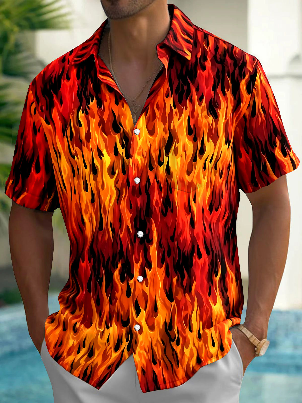 Oceanlyte Men's Hawaiian Fire Pattern Flames Print Short Sleeve Shirt with Chest Pocket