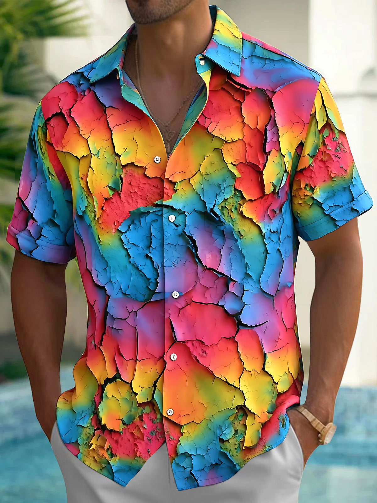 Oceanlyte Men's Printed Colorful Cracked Texture Print Short Sleeve Shirt with Chest Pocket