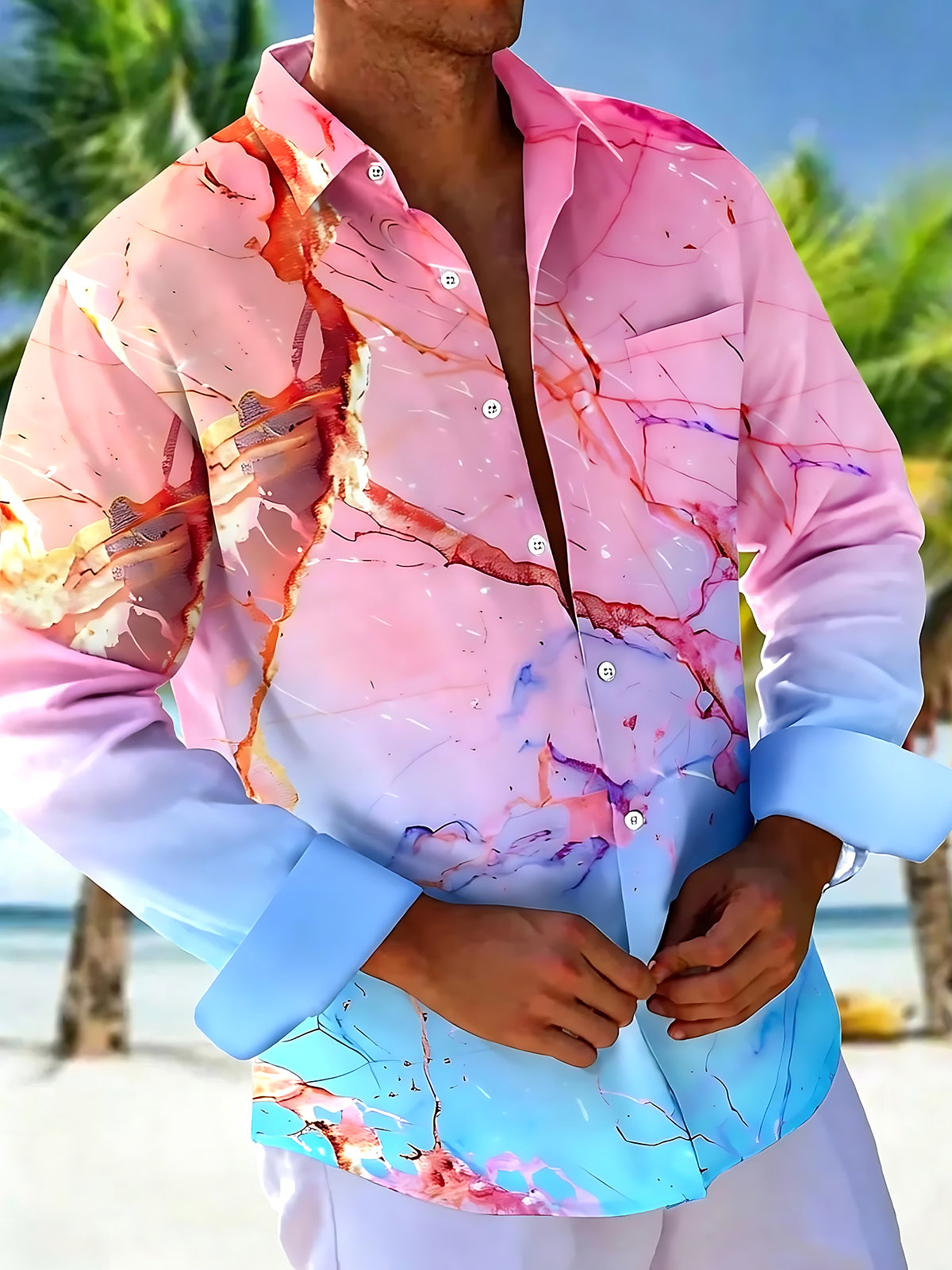 Oceanlyte Men's Printed Marble Gradient Print Long Sleeve Shirt with Chest Pocket