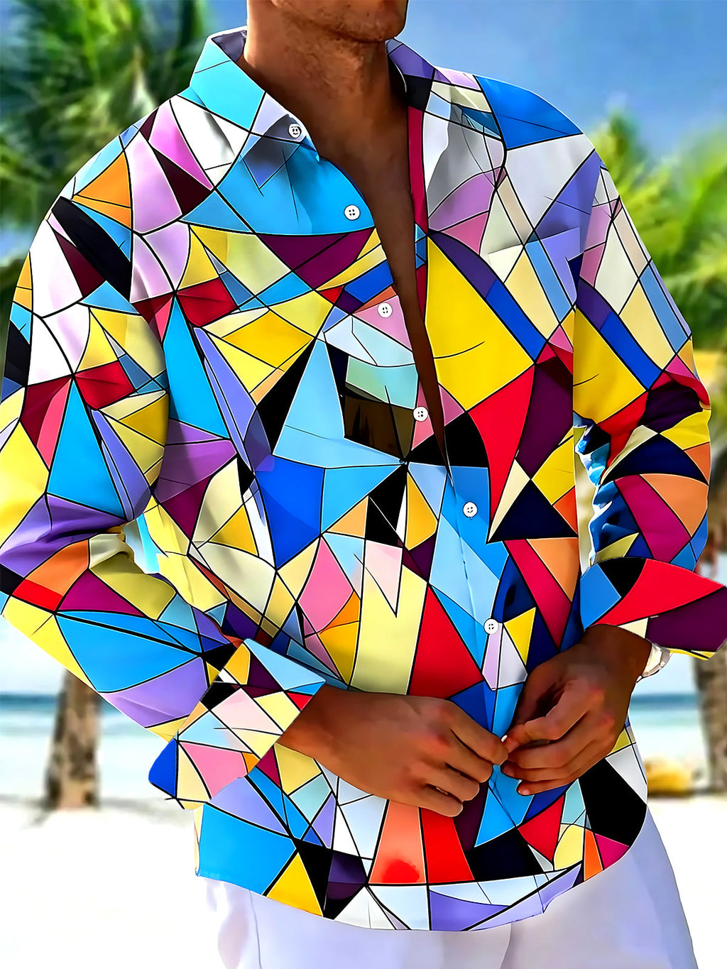 Oceanlyte Men's Printed Colorful Geometric Shapes Print Long Sleeve Shirt with Chest Pocket