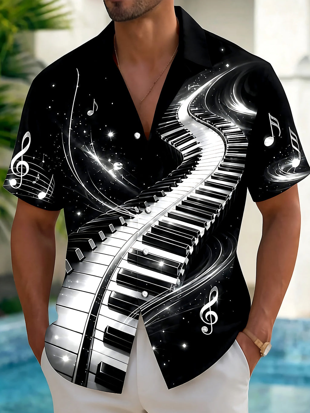 Oceanlyte Men's Graphic Piano Keyboard Print Short Sleeve Shirt with Chest Pocket