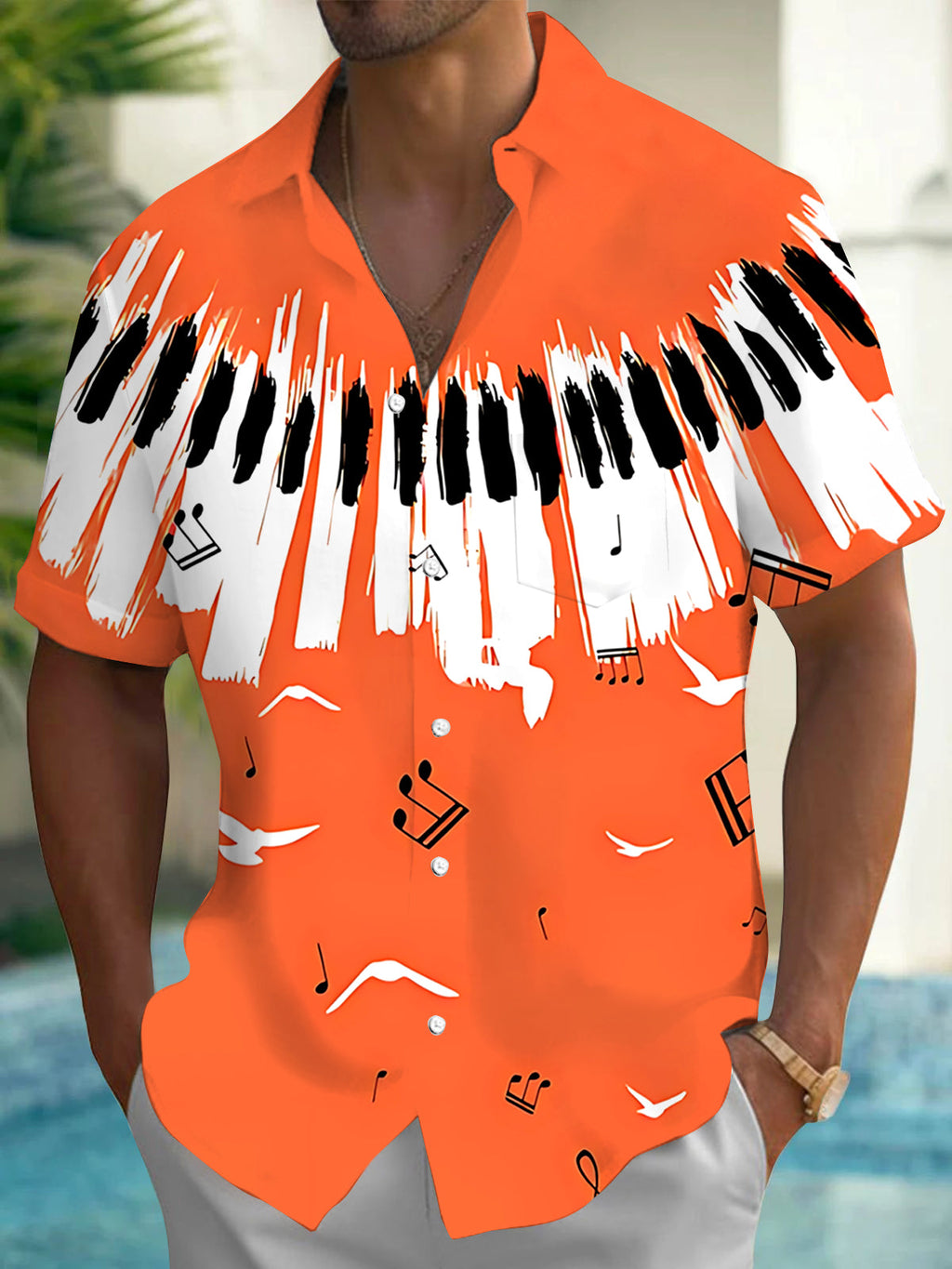 Oceanlyte Men's Hawaiian Piano Keyboard Print Short Sleeve Shirt with Chest Pocket