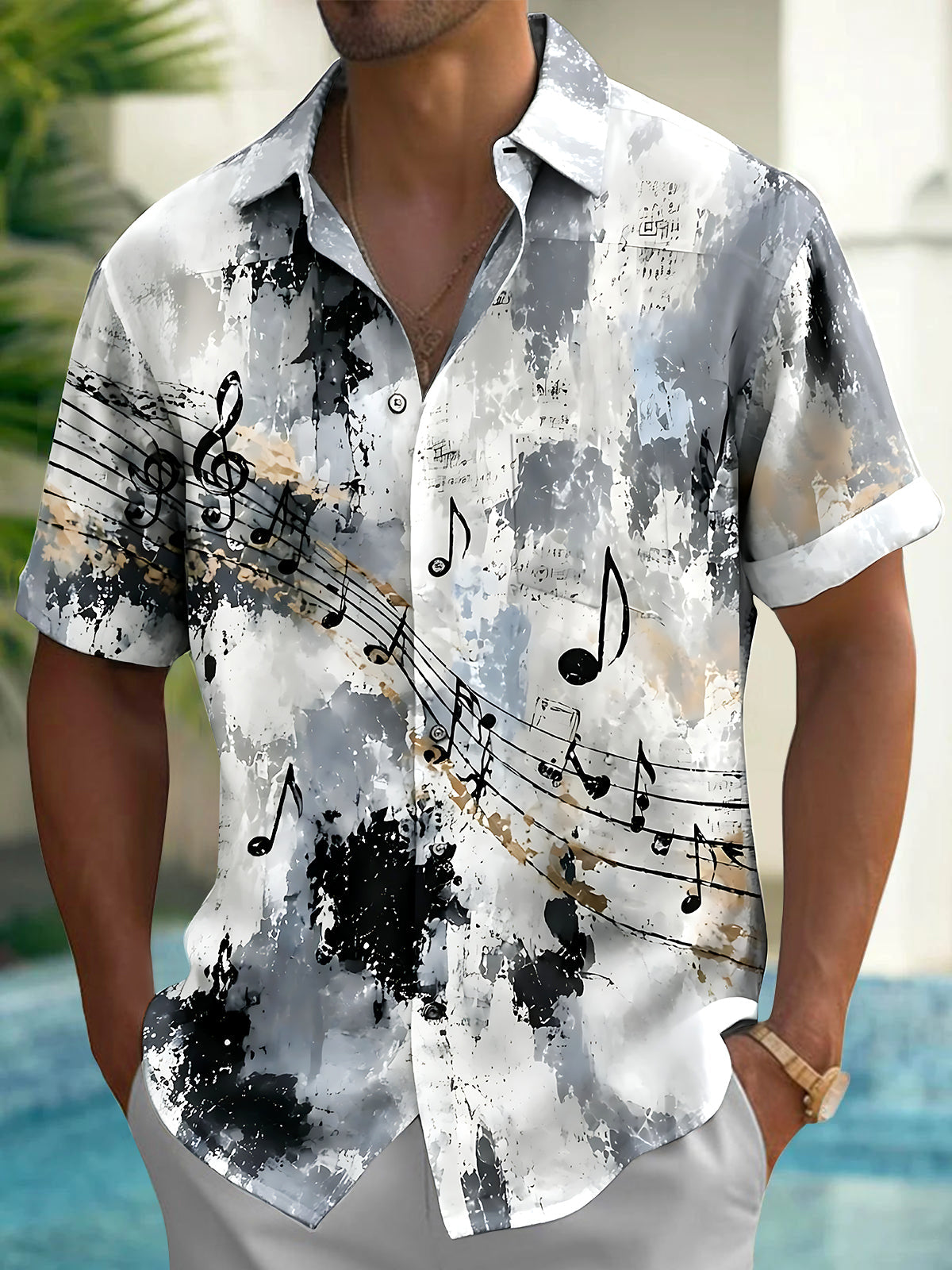 Oceanlyte Men's Hawaiian Musical Notes Print Short Sleeve Shirt with Chest Pocket