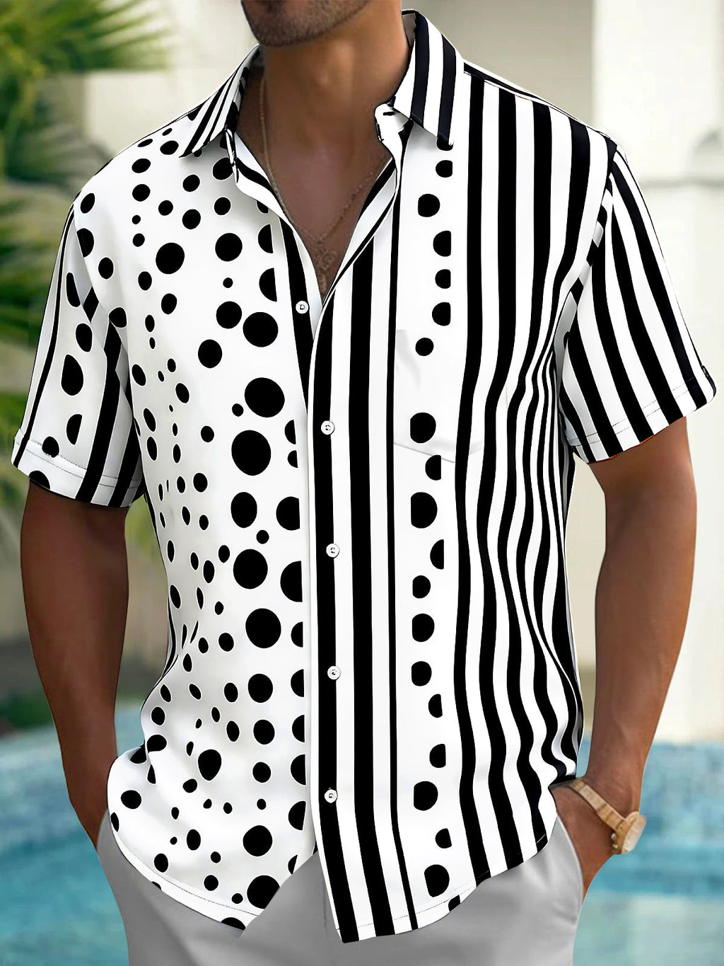 Oceanlyte Men's Printed Black And White Polka Dots Print Short Sleeve Shirt with Chest Pocket