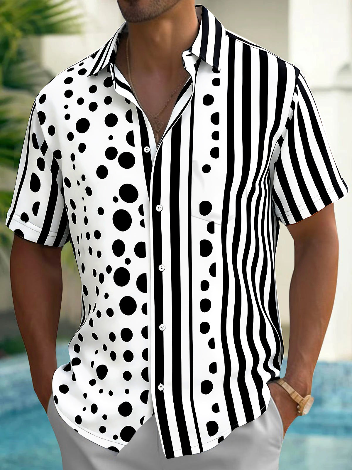 Oceanlyte Men's Printed Black And White Polka Dots Print Short Sleeve Shirt with Chest Pocket