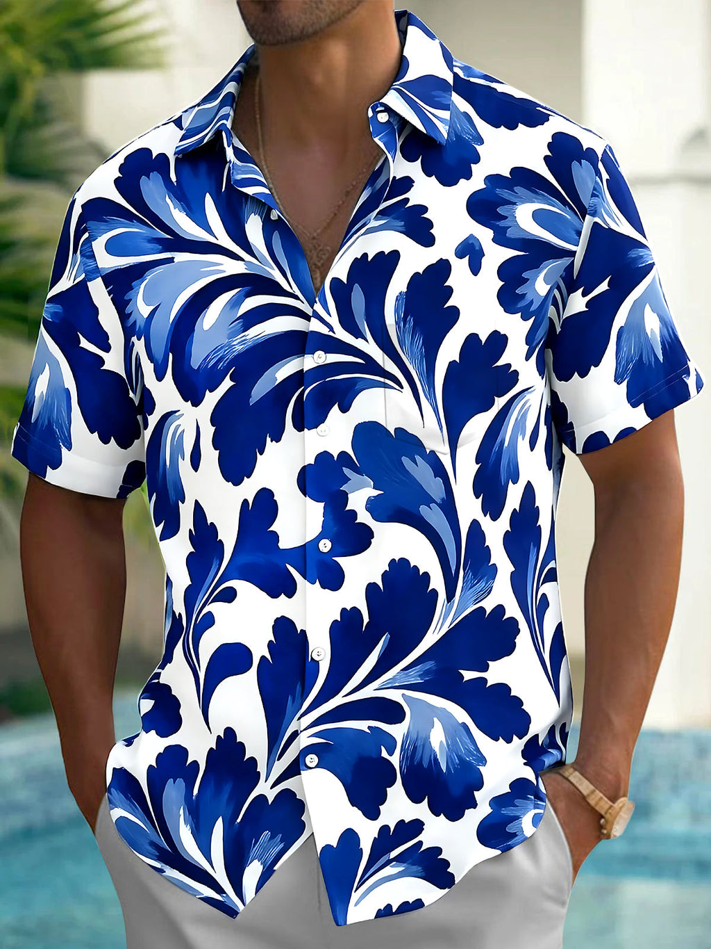 Oceanlyte Men's Hawaiian Blue Floral Print Short Sleeve Shirt with Chest Pocket
