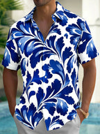 Oceanlyte Men's Hawaiian Blue Floral Print Short Sleeve Shirt with Chest Pocket