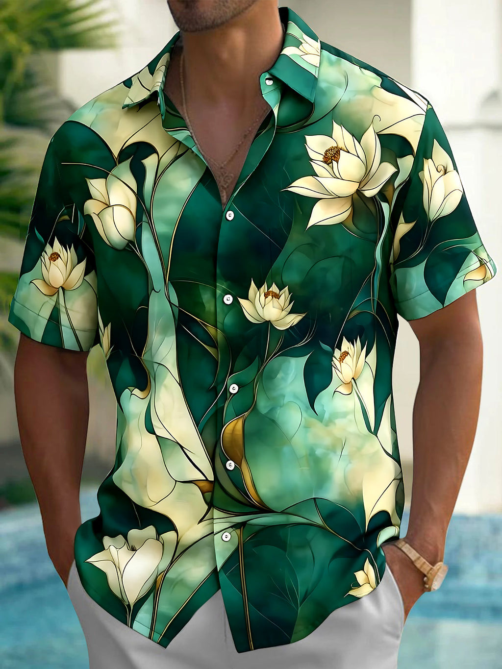 Oceanlyte Men's Hawaiian White Lotus Flowers Print Short Sleeve Shirt with Chest Pocket